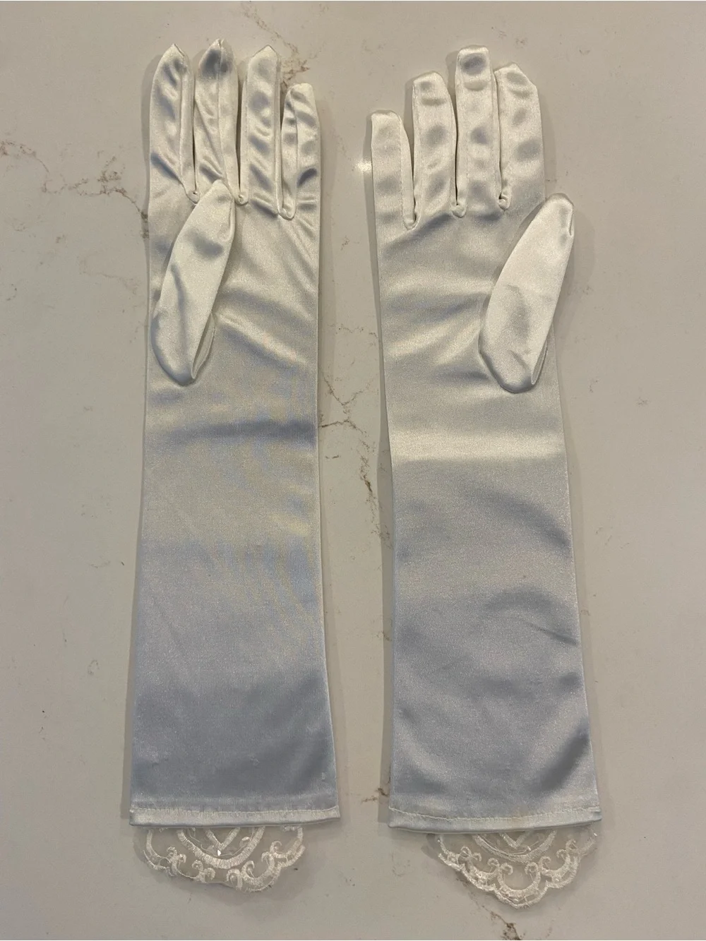 Vintage Bridal Gloves White Satin Elbow Length Stretch w/ Lace Detail NEW